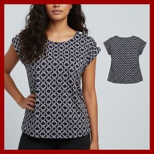 Notations Petite Small Geometric Top Blouse Navy Tan Button Shoulder‎ Stretch
